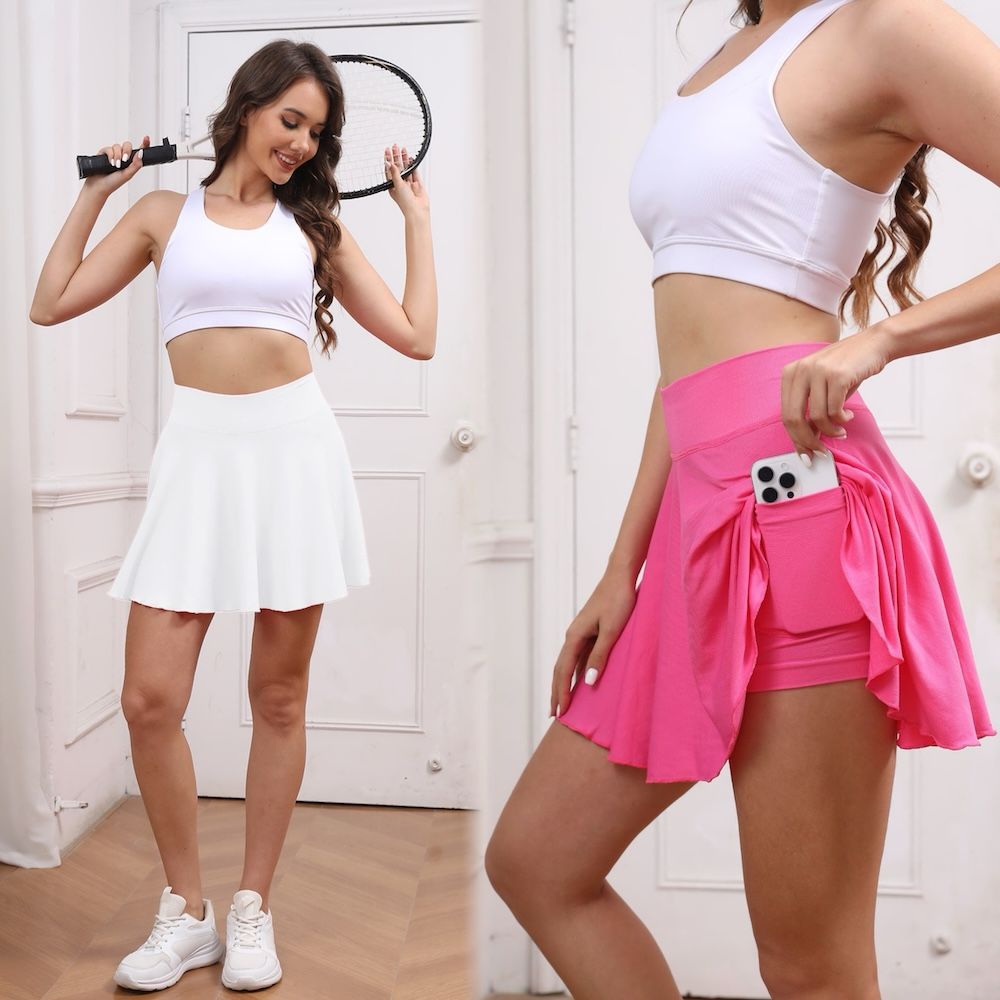 Wholesale New Pleated Hem Stretchy Athletic Skirts with Compression Shorts and Side Pocket, Cute and Casual Seamless Tennis Mini Skorts for Golf Running Outfit