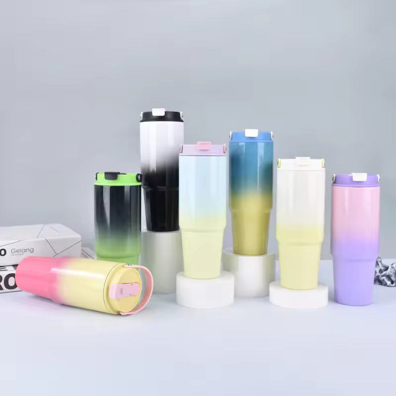 30oz Portable Stainless Steel Water Bottle Vacuum Insulation Gradient Color Outdoor Car Cup With Handle And Lid Straw