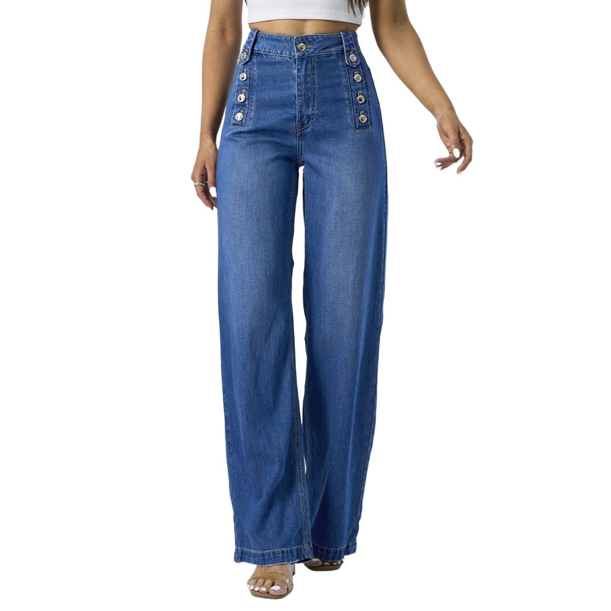 New Design Ladies Jean Pants High Waist Wide Leg Button Closure Denim Jeans