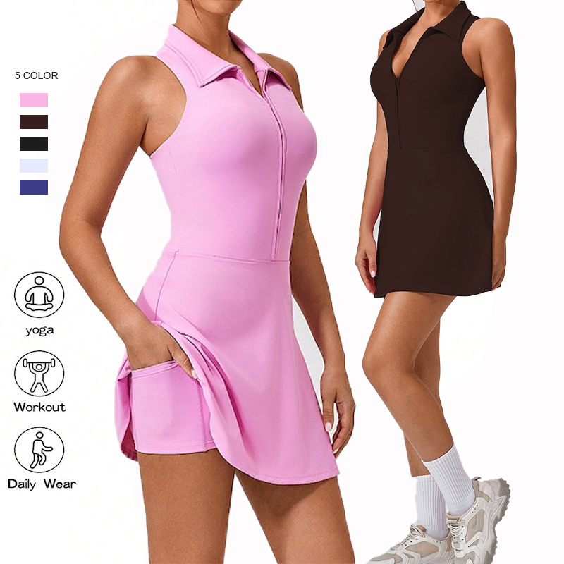 Wholesale New Design Polo Neck Design 2-in-1 Active Clothes Ladies Zipper Front Tennis Dress with Liner Shorts + Pocket, OEM Outdoor Golf Athletic Sports Wear