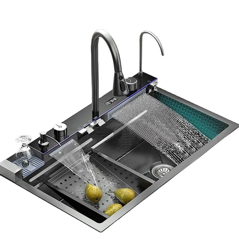 Modern Smart LED Digital Waterfall Stainless Steel Double Bowl Black Kitchen Sink Fregadero Cocina