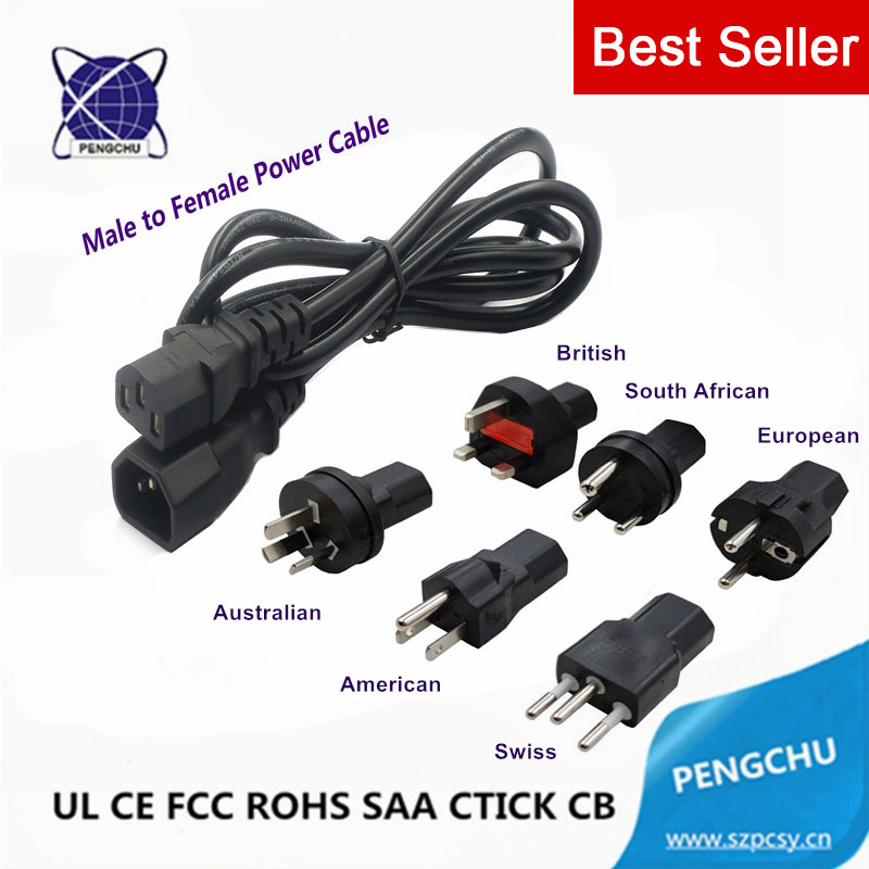 UL/VDE 1M 2M 3M 5M 14 16 18AWG 250V 2.5A 10A 15A Male to Female IEC 60320 C5 C7 C14 C13 Extension Cable AC Power Cord with UK EU AU US Schuko Swiss South Africa