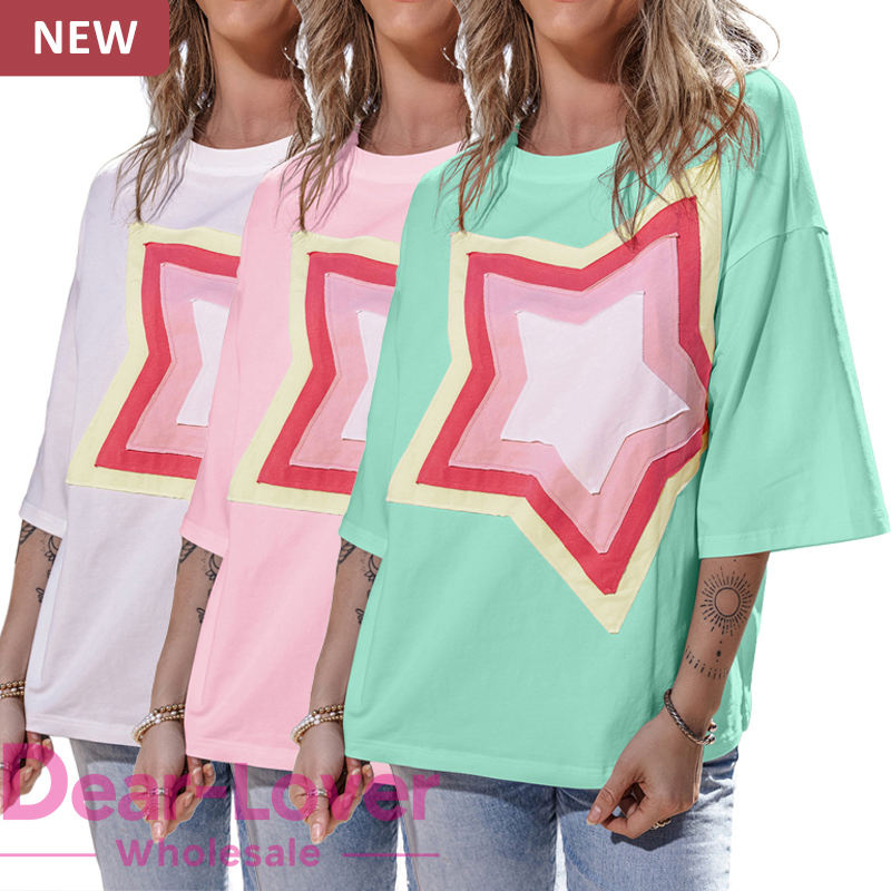 Dear-Lover Private Label High Quality Fashion Summer Short Sleeve Star Patched Oversized Graphic Tee Crew Neck T Shirt for Women