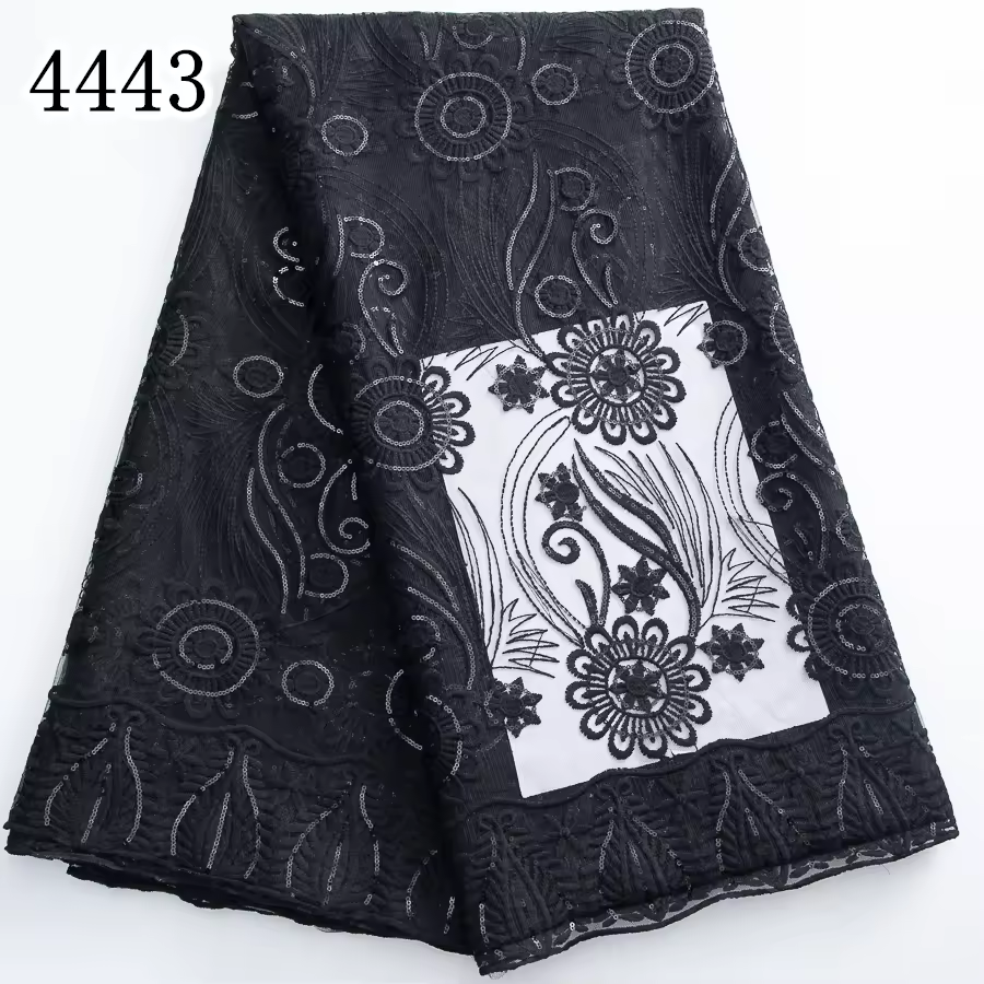 4443 Black African Mesh Lace Fabrics 2025 French Milk Silk Nigerian Sequins Net Tulle Lace For Women Wedding Party Dresses Sew