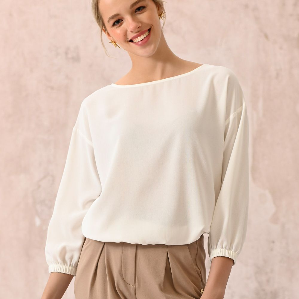 Casual Ladies Chiffon Blouse Long Sleeve Tops Round Neck Elastic Cuffs Blouses Elegant Shirts for Women