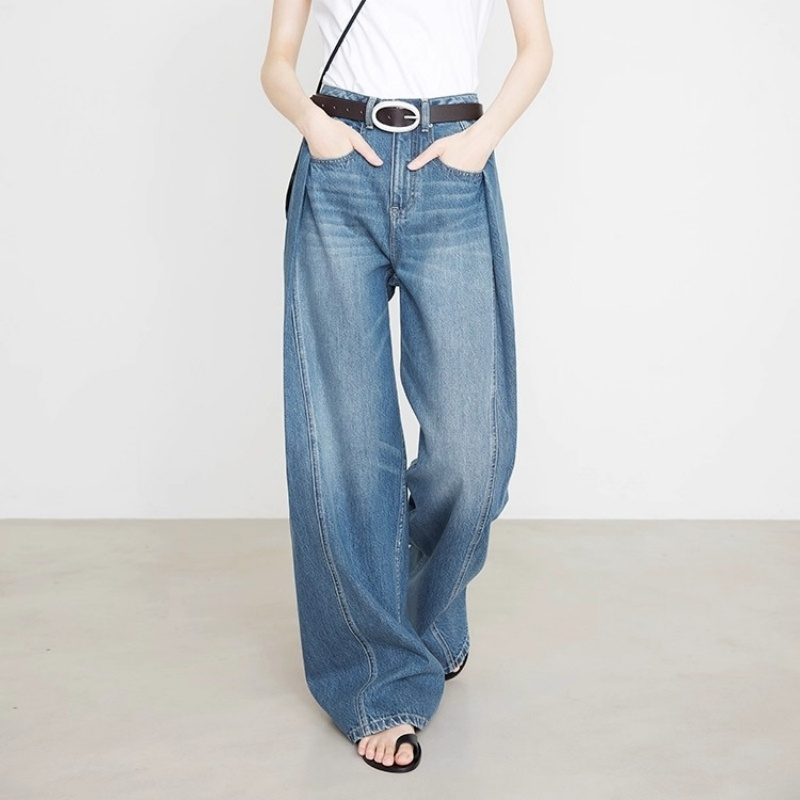 Wide-Leg Jeans, Women's All-Cotton Pleated Denim Straight-Leg Pants, Original Cow Blue Denim Wide-Leg Pants Lengthened