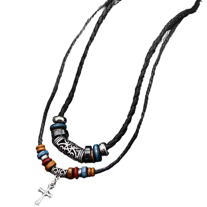 Vintage Punk Cross Pendant Necklace For Men And Women Leather Beaded Weaved Ethnic Style Link Chain Jewelry Ready To Ship
