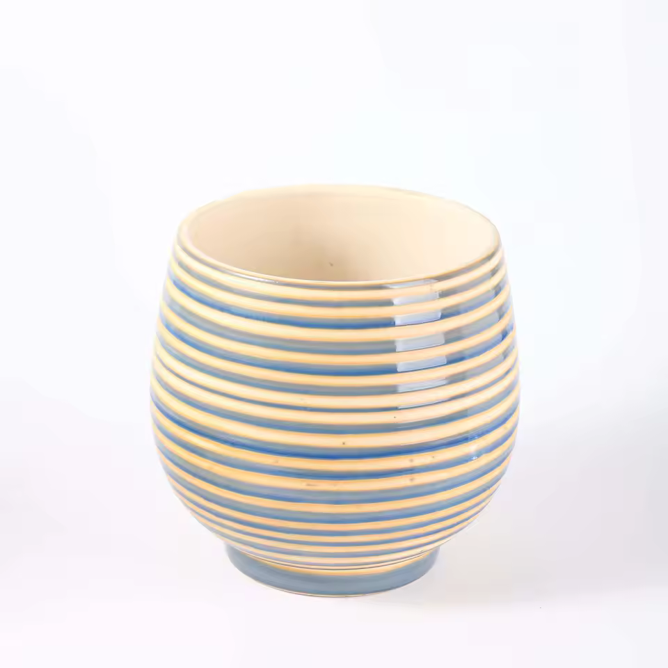 In Stock Glazed Indoor Ceramic Flower Pot Striped Planters Compote For Garden Or Home Use