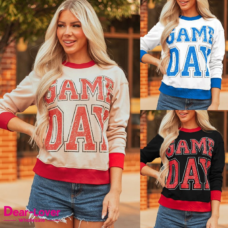 Dear-Lover Wholesale Boutique Game Day Letter Graphic Varsity Striped Detail Baggy Sweatshirt Women