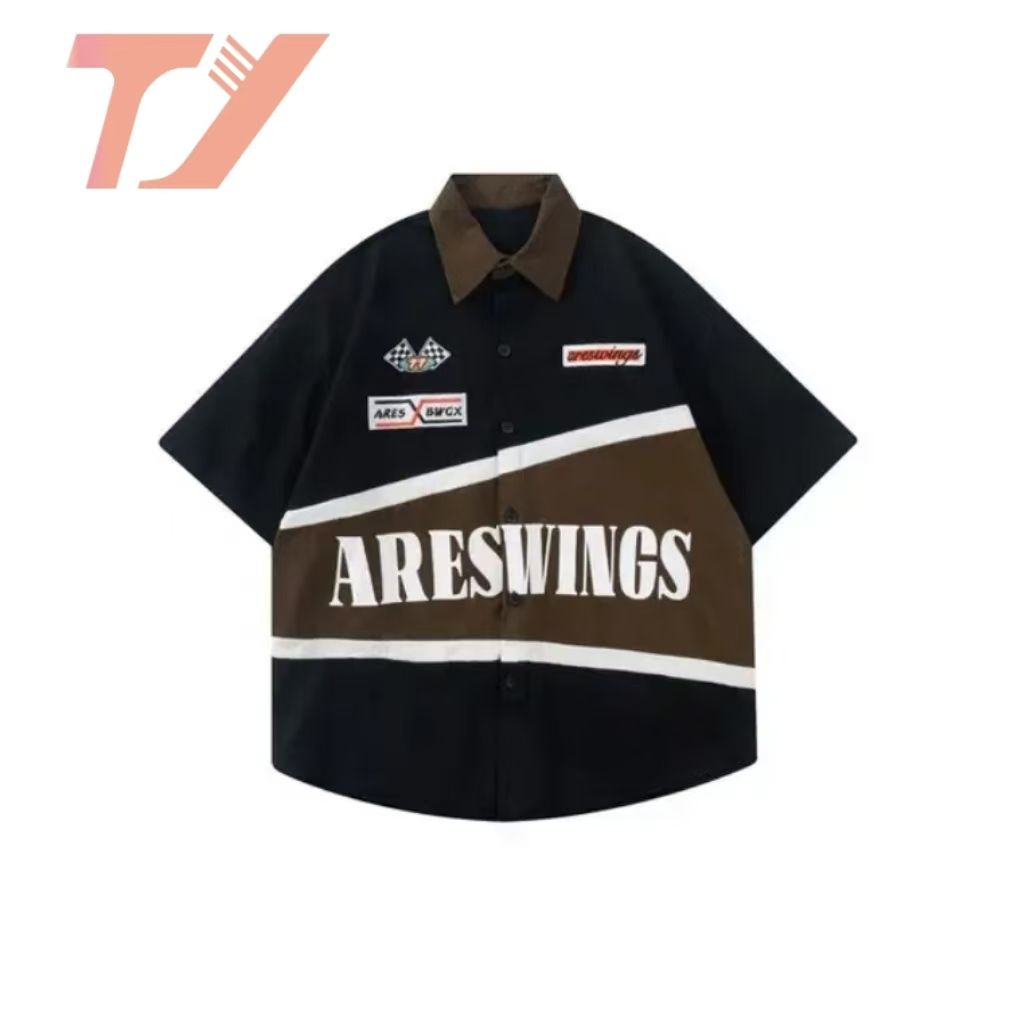 American Retro Embroidery Locomotive Graphic Print Summer Short Sleeved Men Shirt Streetwear