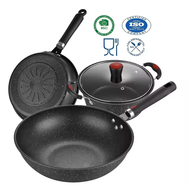 3pcs Cheap High Quality Non Toxic Home Kitchen Non Stick Die Cast Iron Metal Cookware Set Cooking Fry Wok Pan Pot Set