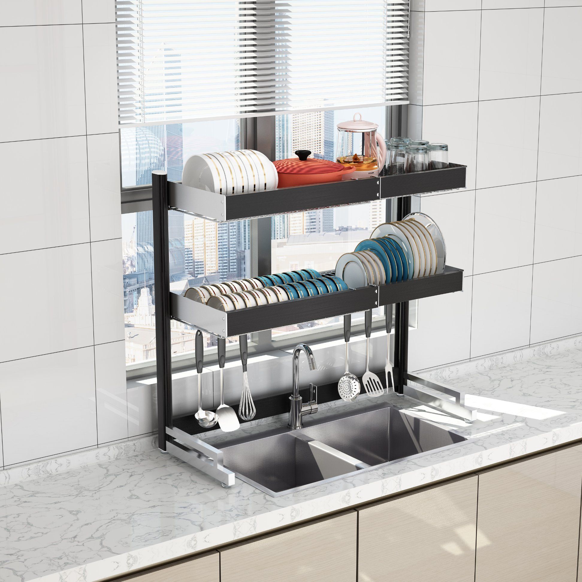 Factory Adjustable Kitchenware Organizer High-Quality Sink Dish Storage Drying Rack with Kitchen Utensil and Knife Holder