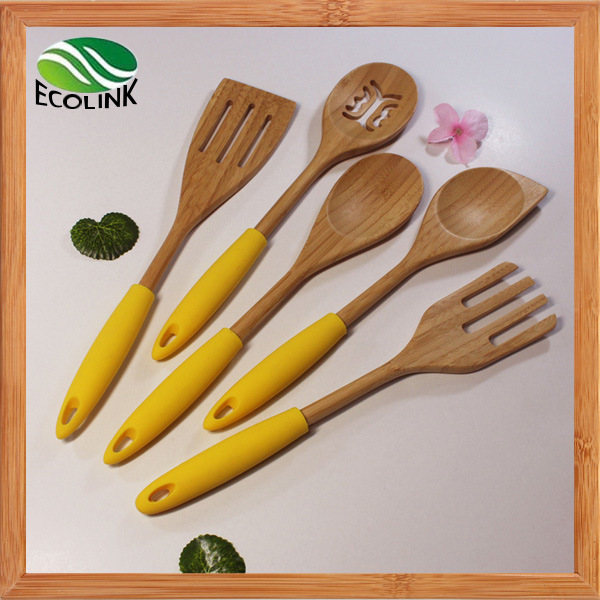 Colorful Silicone Handle Bamboo Cooking Utensil