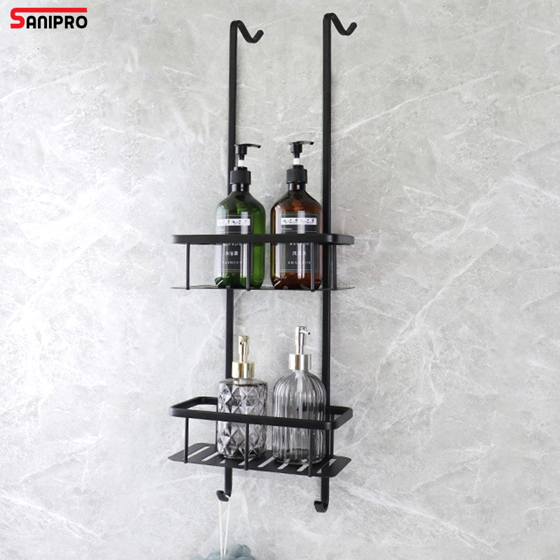 Sanipro Factory Price Matte Black Aluminum Bathroom Shelf No Drilling Hanging Over The Shower Room Door Storage Rack
