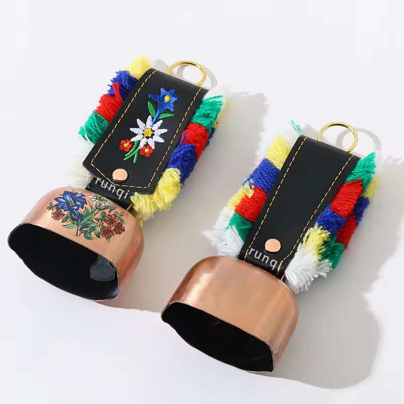 Factory Swiss Souvenir Cow Bells Embroidered Leather Printed Tassel Lace Metal Bells Hand Crank Wind Chime Bells