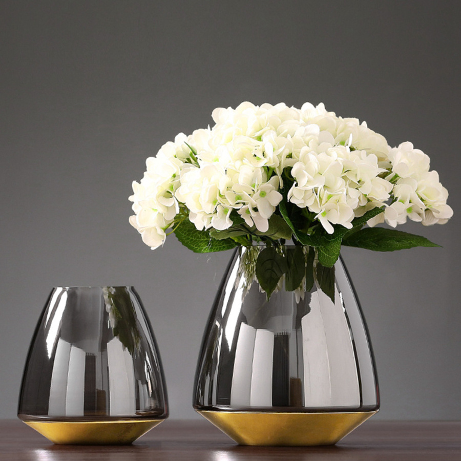 Luxury Modern Grey Glass Vase with Brass Base Yiwu Market Hotsale Glassware