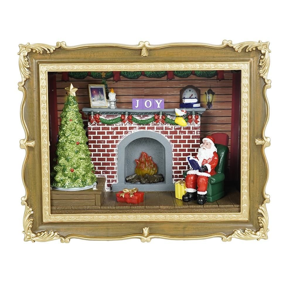 LED Photo Frame Modeling Musical Village Houses with Rotating Christmas Tree & Santa Claus Indoor Ornament