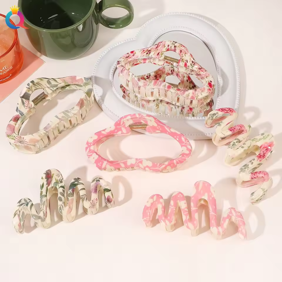 Qiyue Premium Women's Hair Accessories Coiled Floral Grab Hair Clips With Water Transfer Print Large Shark Clips-made Of Plastic