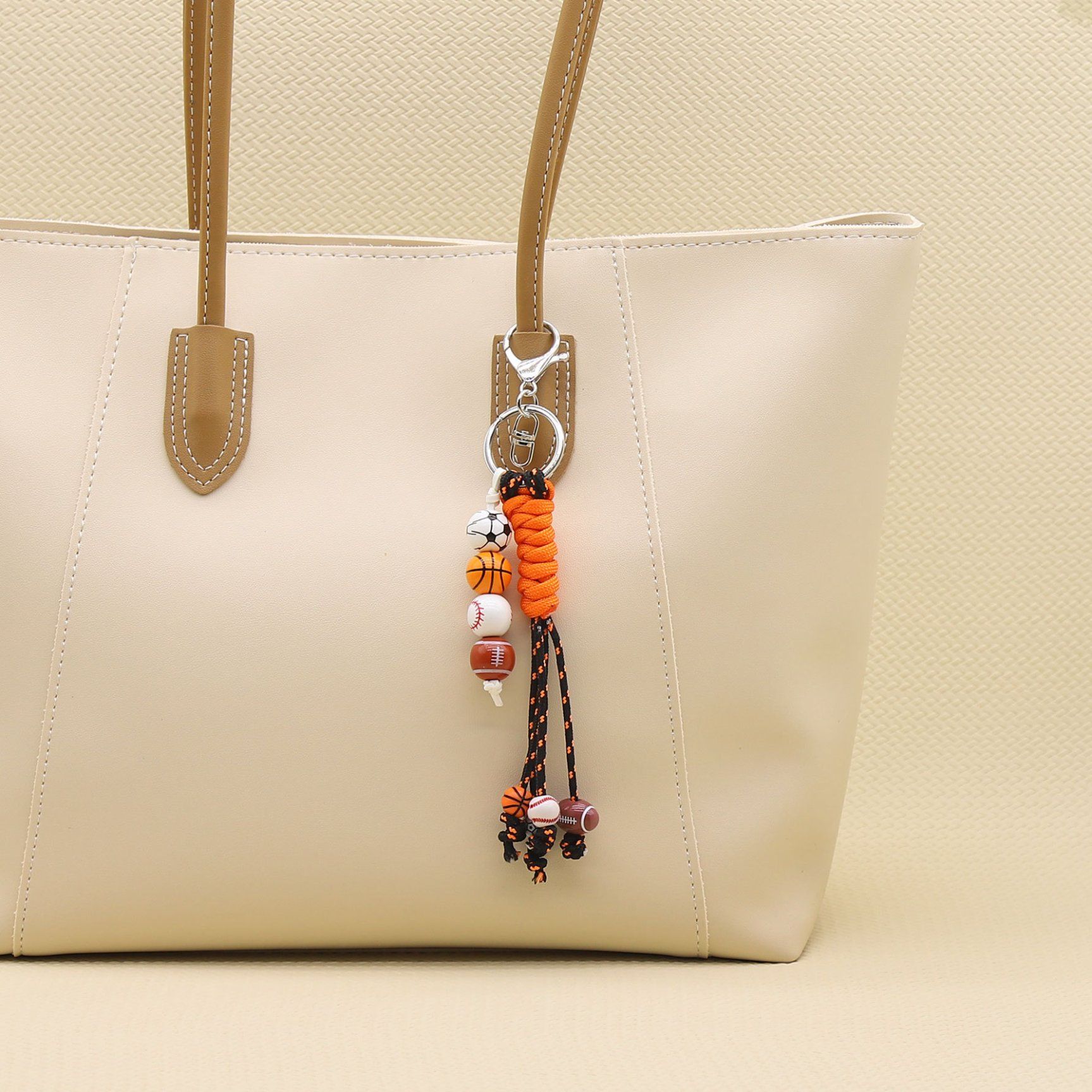 Sporty Handmade Braided Polyester Keychain with Sports Balls Wooden Beads Bag Charm Decorative Accessory