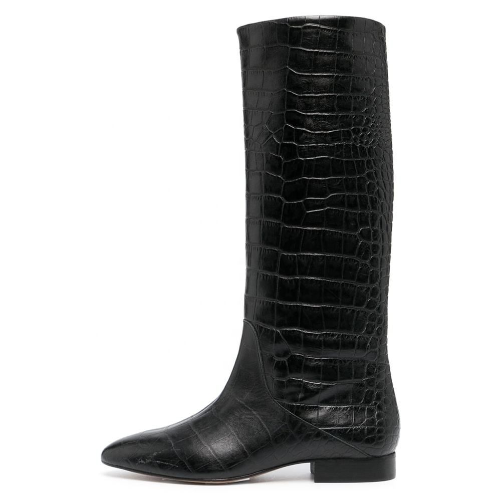 Size 12 Vegan Leather Ladies Flat Casual Tube MID Calf Crocodile Boots for Wide Calves Wholesale Shoes