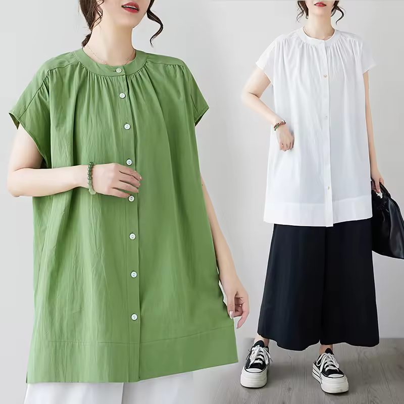 Women's M Xxl Casual Summer Tops Breathable Cotton Blouse Button Decoration Loose Simple Style Long Woven Short Sleeves Odm