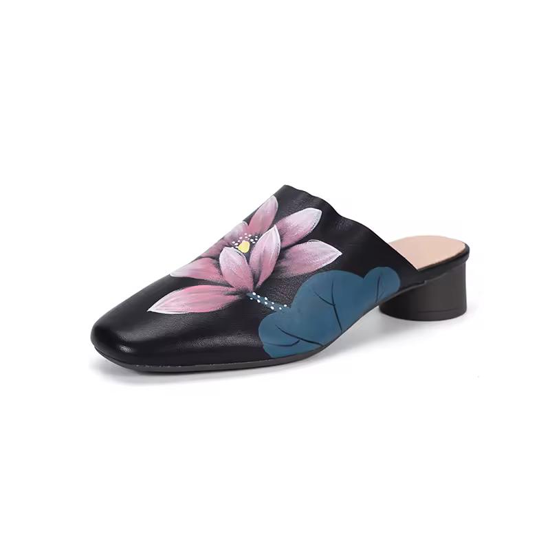 Oem Odm 100% Genuine Leather Vintage Hand Painted Low Heel Mules Slippers Closed Block Heel Sandals Sandals For Women And Ladies