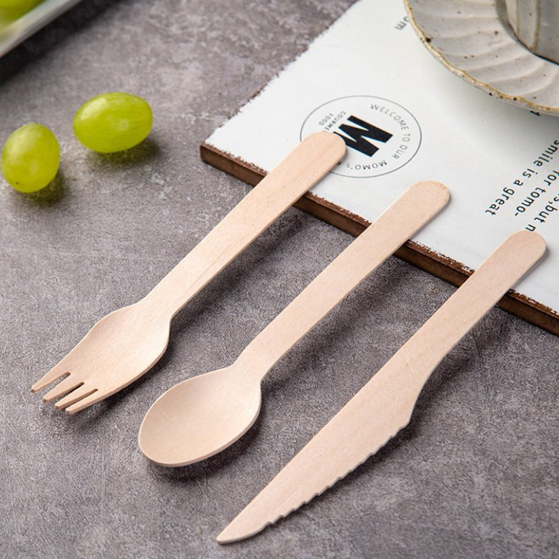 Food Grade Biodegradable Wood Knife Fork Spoon Cutlery Disposable 100% Birch Wood Tableware Set