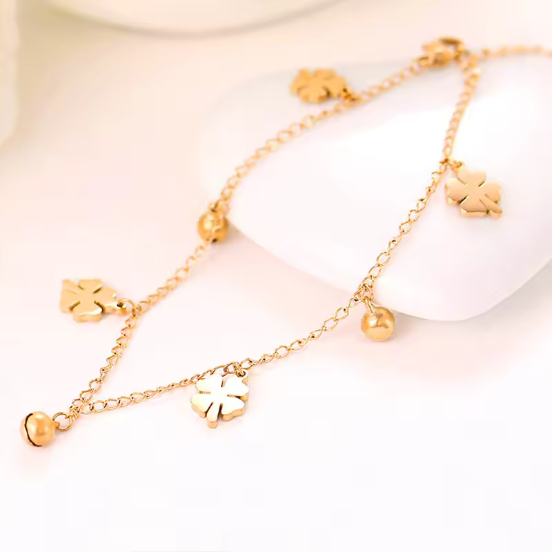Hot Sale Fashion Low Fashion Moq Designer Jewelry Clover And Bells Pendant 18k Gold Plated Anklet For Women