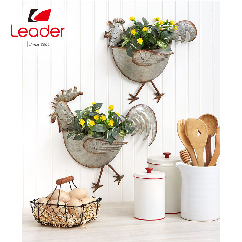 New Design Metal Rooster and Hen Planter, Metal Animal Wall Planter