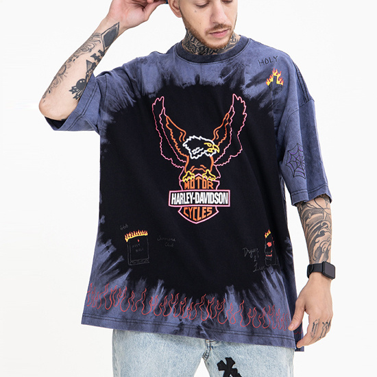 100%Cotton Fashion Trendy Eagle Letter Print Tie Dyed Retro Printed Short-Sleeved Wholesale Graphic Men's Tees