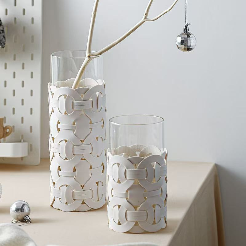 Clear Glass Cylinder Vases with Three Colours Decorative Leather for Home Decoration