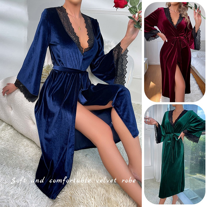 New V-Neck Long Velvet Nightwear Dress Sexy Solid Color with Lace Woman Sleepwear
