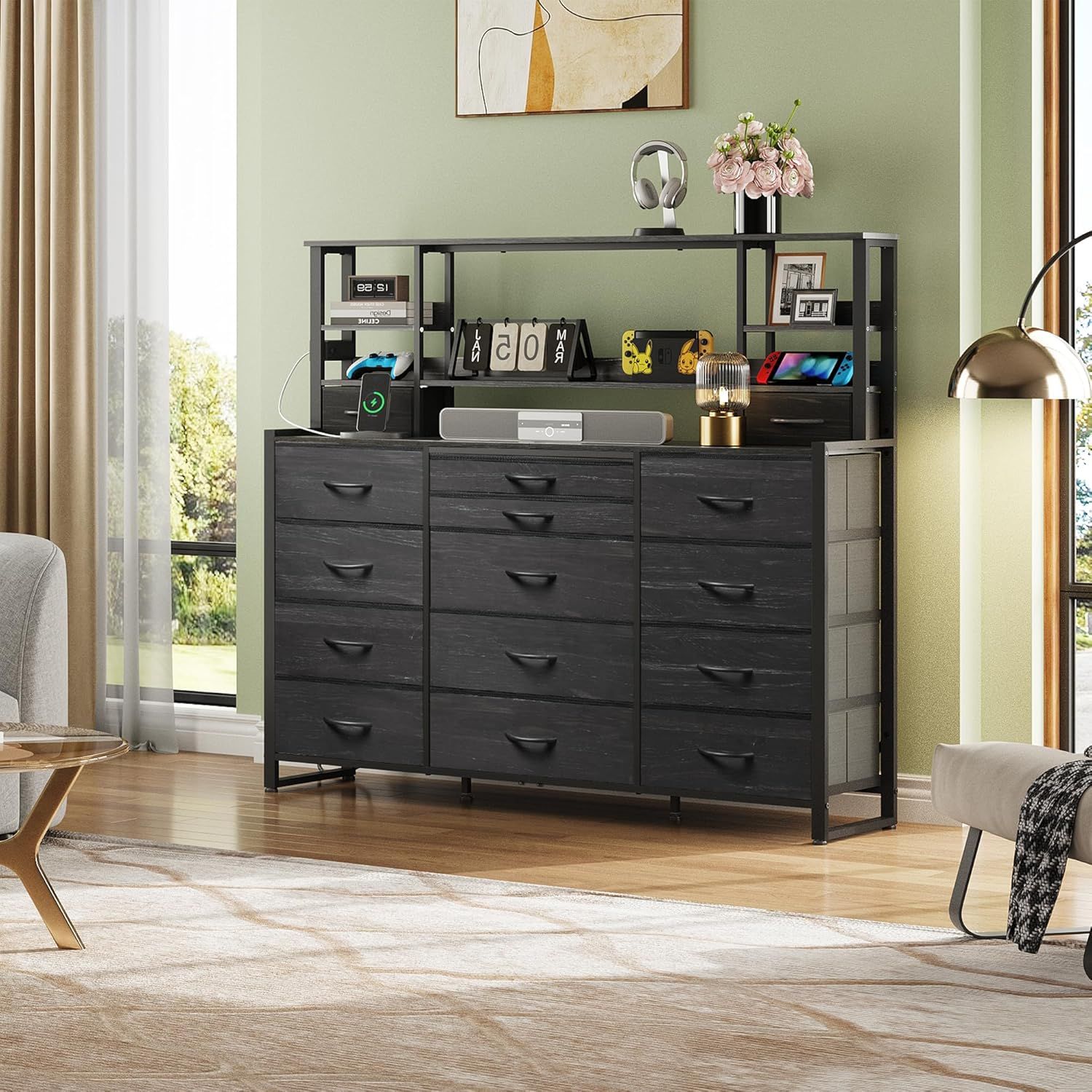 Tall Grey Storage Drawers Organizer with Charging Station