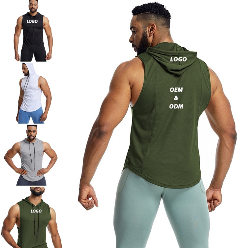 Men's Workout Hooded Tank Tops Bodybuilding Muscle Cut off Sleeveless Running Shirts with Hoodie Fast Dry Summer Mesh Gym Vest