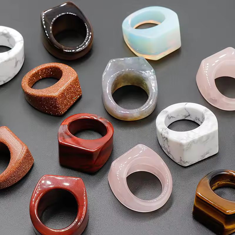 Natural Stone Crystal Tiger Eye Rose Quartz Square Forehead Rings Precious Stone Men And Women Finger Jewelry