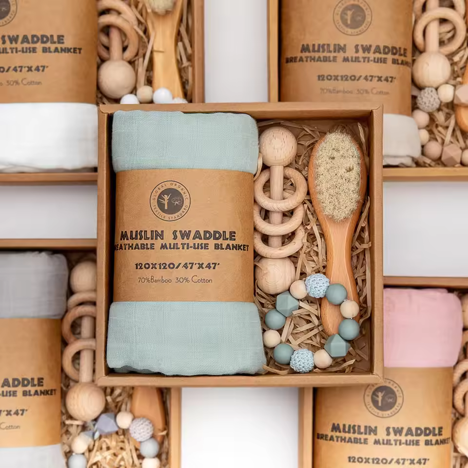 Factory Direct Newborn Baby Gift Set 70% Bamboo 30% Cotton Muslin Swaddles Anti-bacteria Wearable Toys Baby Gift Box Set