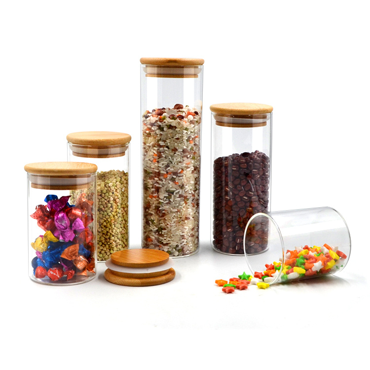 Supplier Wide Mouth Round Borosilicate Airtight Kitchen Pasta Food Spice Glass Storage Jar and Containers with Wooden Bamboo Lid
