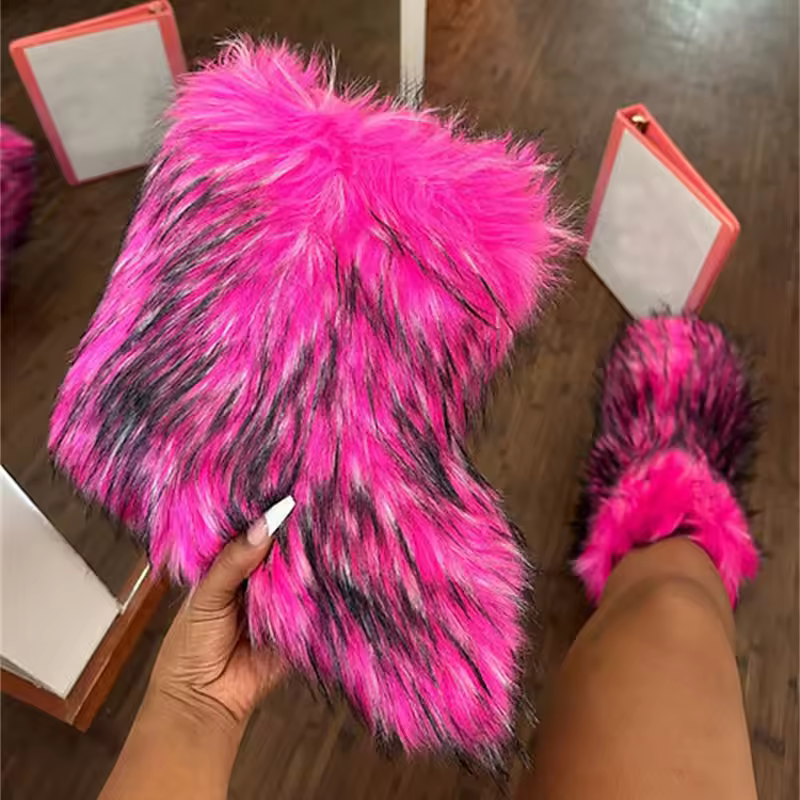 Idoit In Stock Pink Imitation Raccoon Fox Fur Boots Women Shoes Warm Hearted Boot For Women
