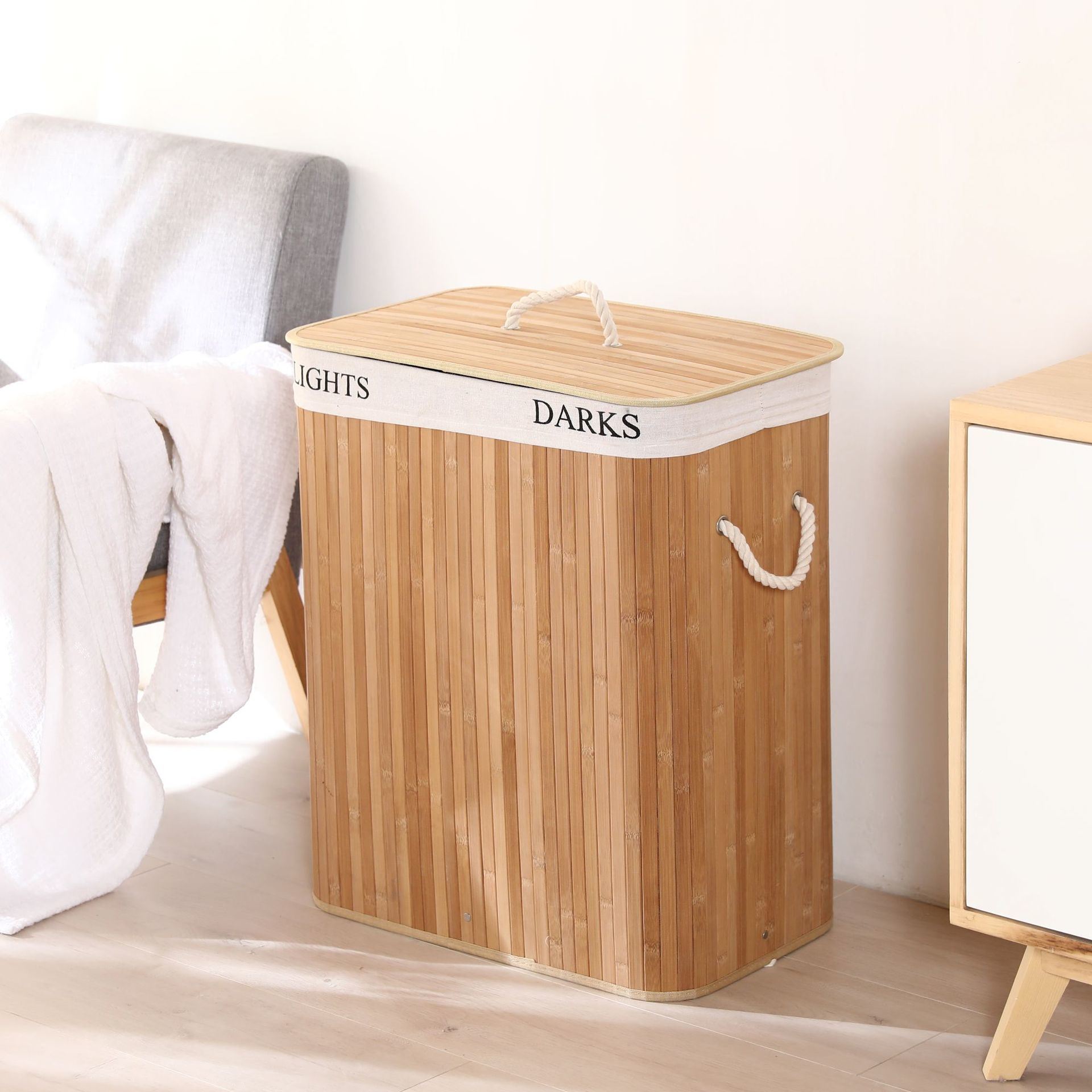 Laundry Hamper with Lid Bamboo Dirty Clothes Storage Basket with Rope Handle and Removable Line