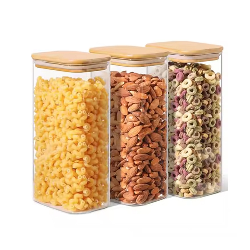 High Quality Wholesale Airtight Rectangle Glass Storage Containers Wooden Bamboo Lids