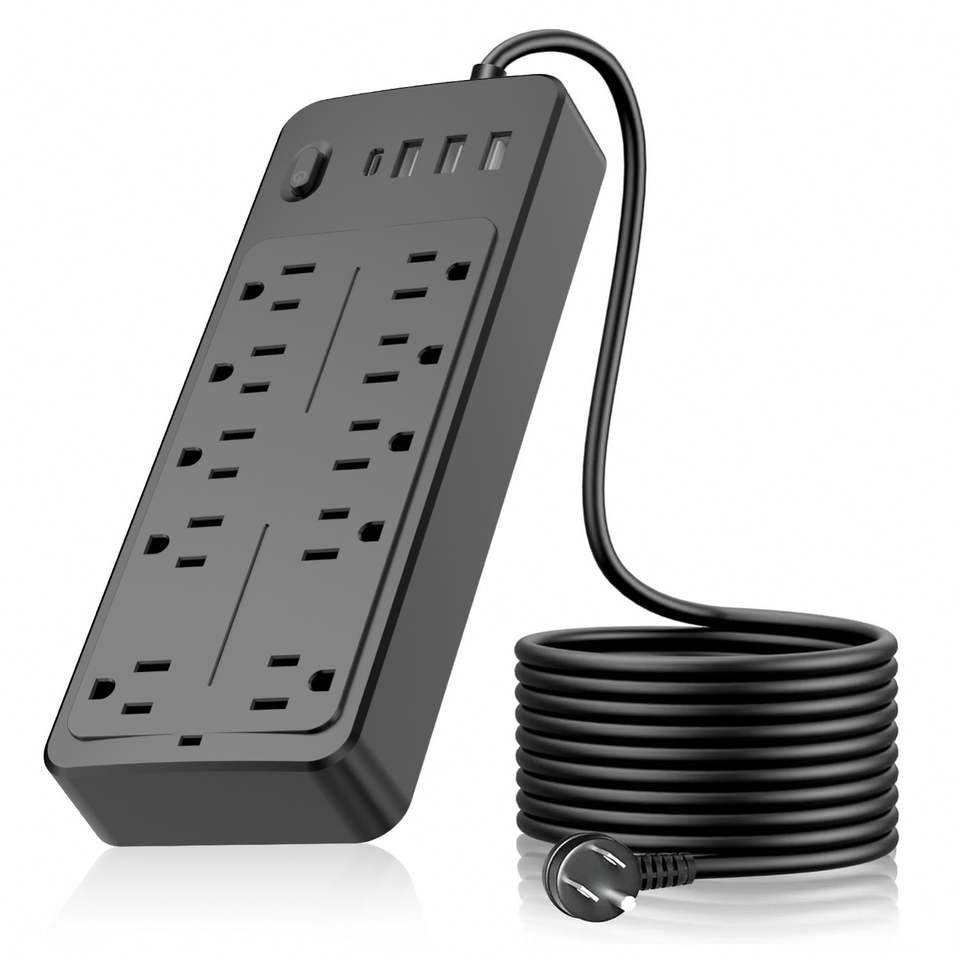 US Socket Surge Protector Flat Plug with 10 Outlets 3 USB Ports 1 Type C Extension Cord Power Strip for Home Office