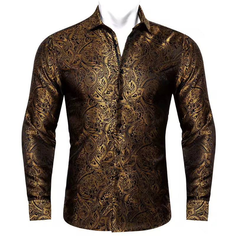 4xl Luxury Gold Paisley Silk Shirts Men Long Sleeve Casual Flower Shirts For Men Designer Fit Dress Shirt Cy-0061