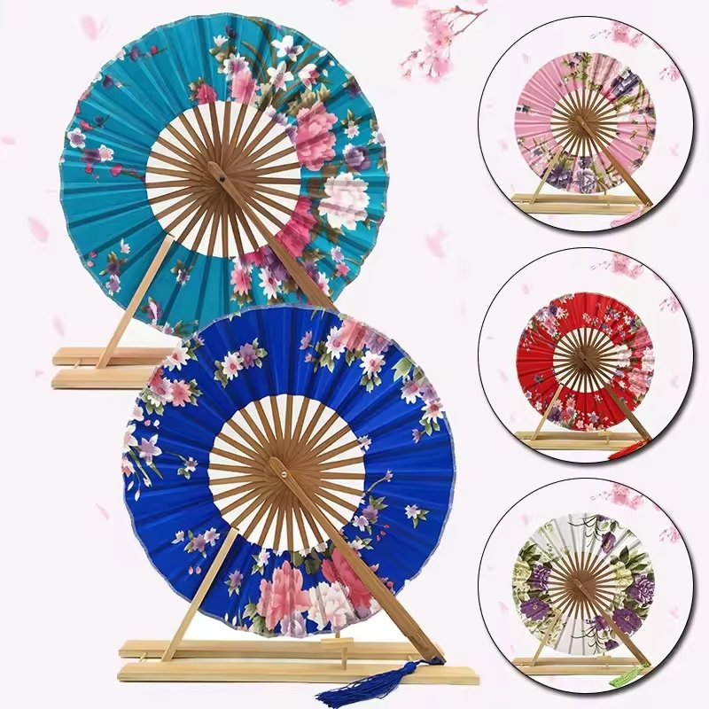New Style Japanese Sakura Flower Pocket Folding Hand Fan Round Circle Party Wedding Bamboo Hand Fan Decor Gift