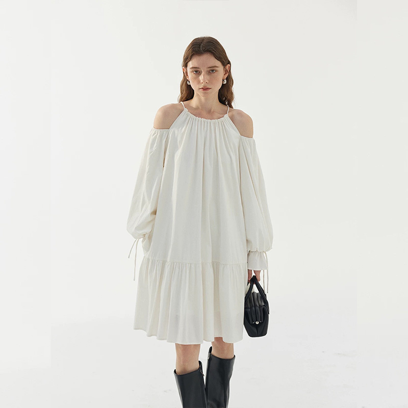 New Fashion Girl Lazy Loose Linen Long Sleeve Dropped Shoulder Loose MIDI White Dress for Women
