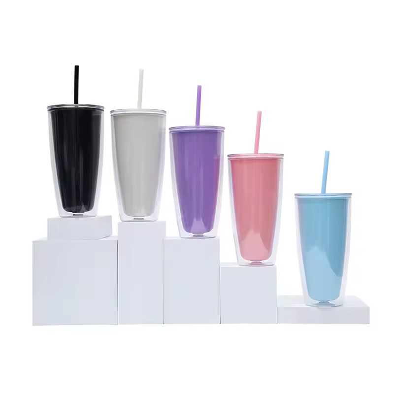 24oz Premium Insulated Double Wall Plastic Reusable Cups Classic Acrylic Tumbler With Lid And Straw