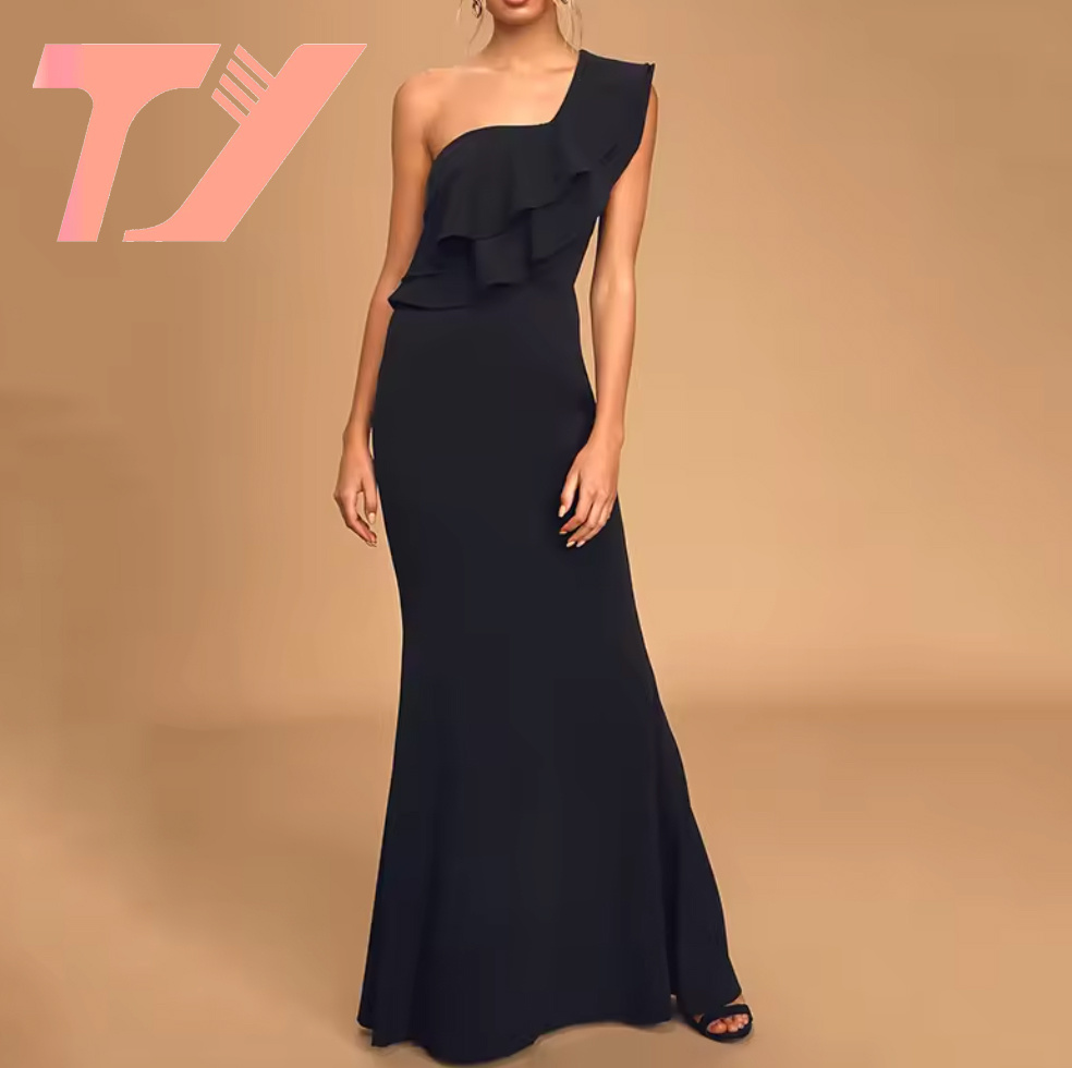 Fashion Dress with a Flaring and Mermaid Hem Black Ruffled One-Shoulder Mermaid Maxi Dresses