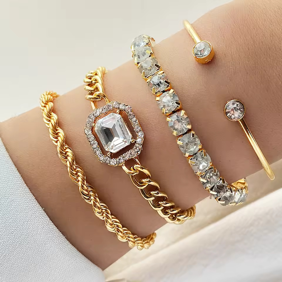Hot Sell Vintage Gold Plated Square Diamond Adjustable Bracelet Bangles Set High Polished Charm Gold Bracelet For Women Jewelry