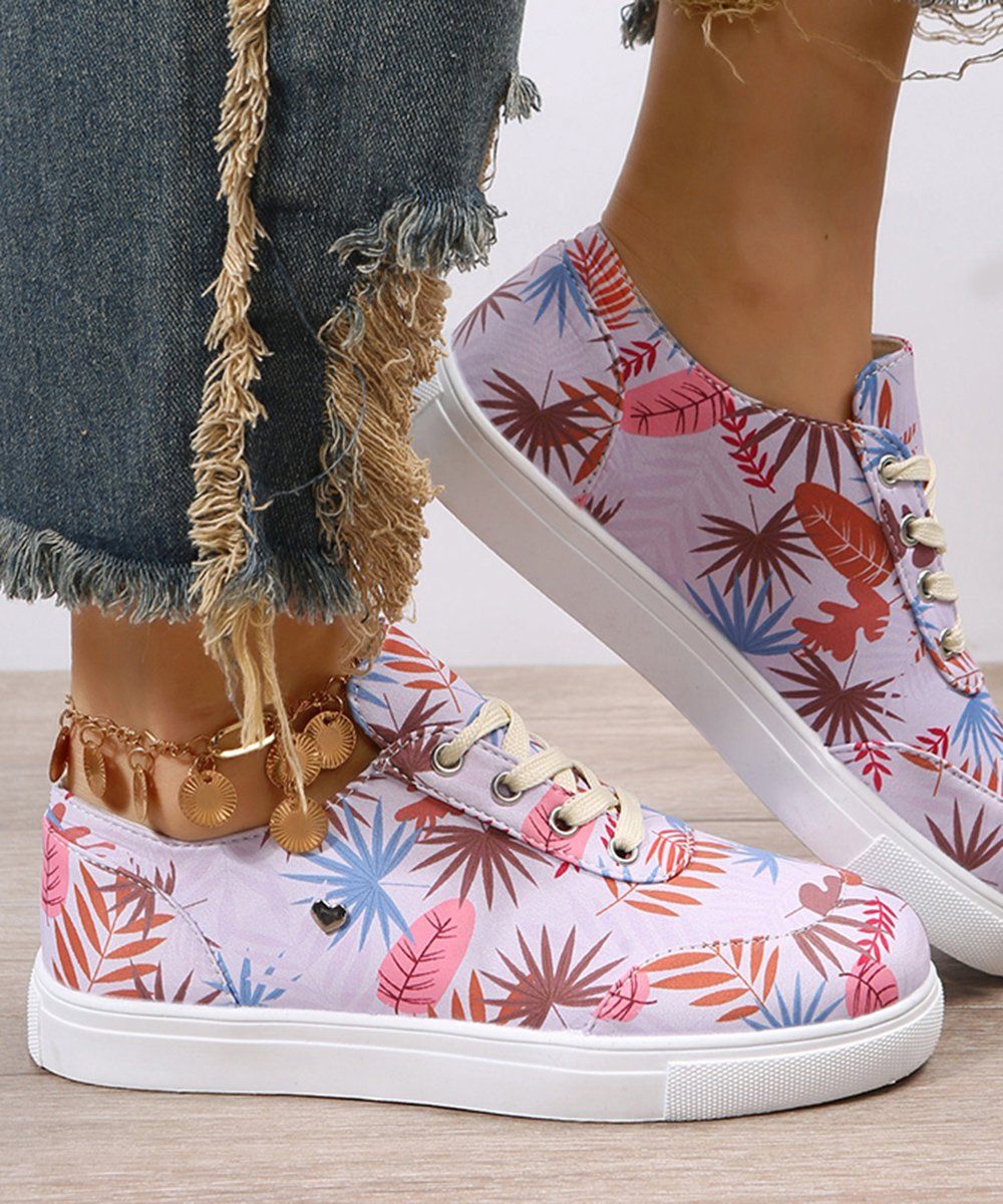 Large Size 2024 Spring Round Head Print Dazzling Flat Women's Lace-up Casual Single Shoe Board Shoes