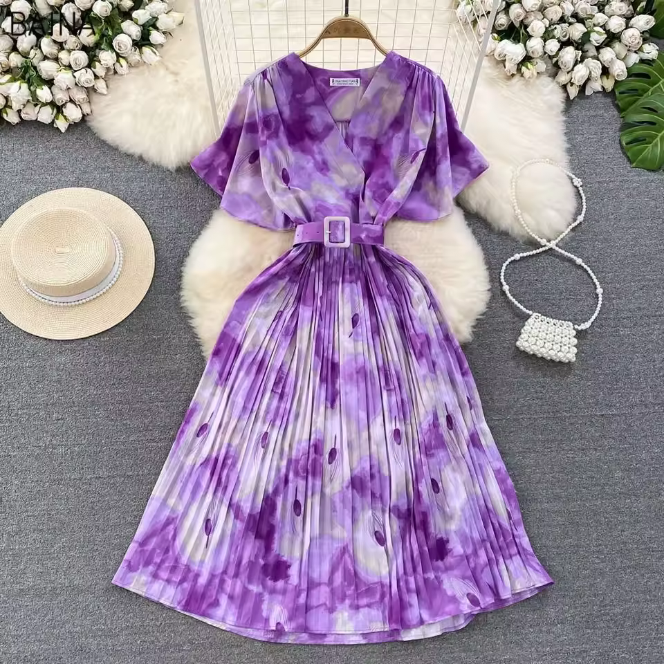 New Tie Dye Printing Pleated Dress Retro Style Lotus Leaf Short Sleeve Maxi Dresses For Women Elegant Vestidos