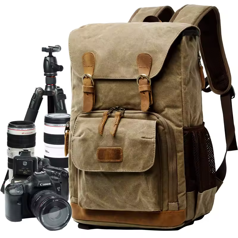 Private Label Casual Waterproof Waxed Canvas Hiking Travel Backpack Digital Camera Bag Wholesale